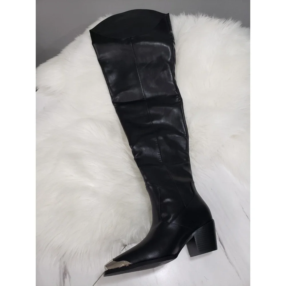 Azelea Wang‎ Womens Black Faux Leather Thigh High Boot Over the Knee Rio Western